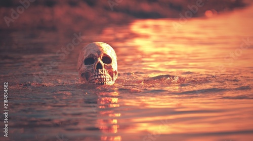 From shimmering, luminous waters, a human skull surfaces, evoking a haunting, surreal atmosphere. Use this imagery for macabre-inspired projects, Halloween motifs, or philosophical ideas about
