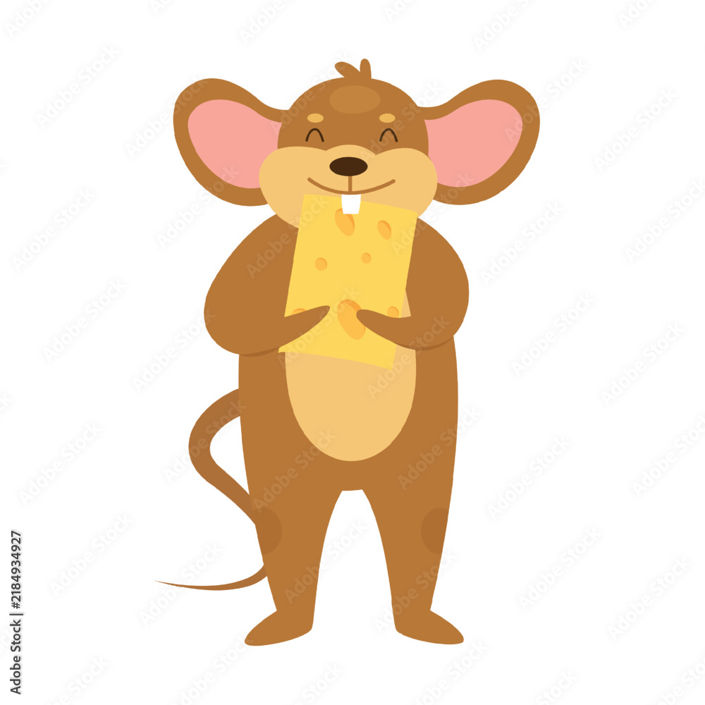 Obraz premium Funny mouse eating cheese. Stolen food, feeding rat time vector illustration