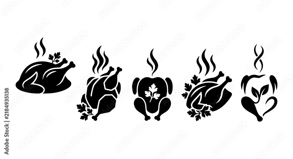 Obraz premium Roasted Chicken Icons, Poultry Vector Graphics, Food Symbols, Culinary Icons Set