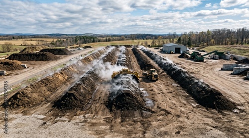 Obraz na płótnie Industrial organic compost windrow piles steaming under open sky