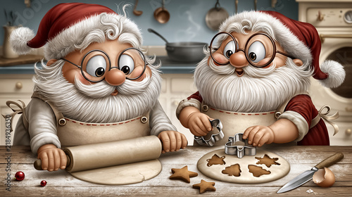 Cute funny cartoon Santa Clauses cooking cookies in the kitchen