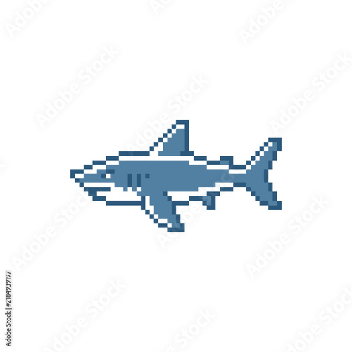 Grey pixel art shark icon swimming for retro games.