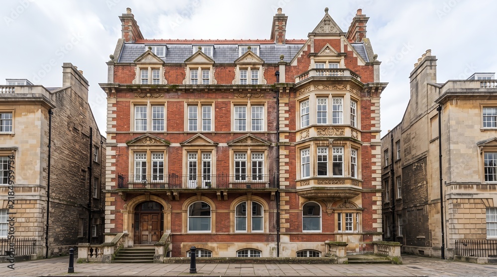 Fototapeta premium A grand, ornate red brick building with intricate architectural details, multiple windows, and decorative gables, flanked by simpler stone structures under an overcast sky.