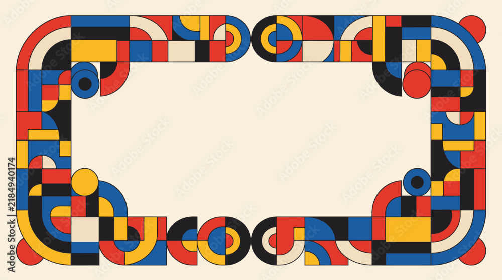 Obraz premium Abstract geometric frame with Bauhaus style colorful shapes and patterns.