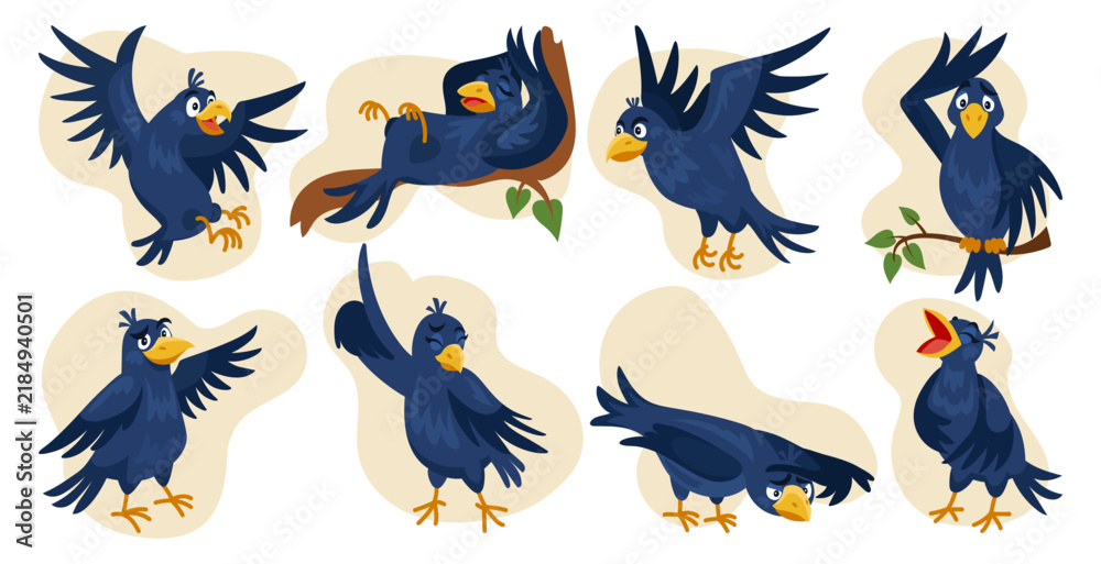 Obraz premium Crow. Raven character. Comic bird in different poses and emotions. Cartoon mascot with beak, wing. Forest animal in flying. Feathered creature for kids. Winged being. Vector tidy wildlife illustration