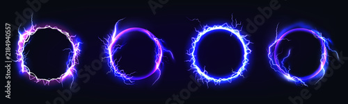 Light frame round. Neon electric ring. Circle glow bolt, energy border with lightning arcs on dark background. Thunder flash light. Flame 3D modern digital graphic. Thunderstorm ray vector neon design