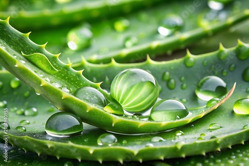 Macro close up of fresh green aloe vera leaves with clear water droplets on the surface
