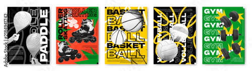 Collage sports. Halftone basketball, tennis. Template volleyball ball. Poster dumbbell gym, roller skates. Vintage dot texture doodles, promotion graphics. Vector garish creative isolated illustration