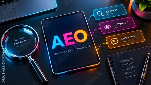 Tablet displaying Answer Engine Optimization text with digital search visibility icons and strategic planning notebook