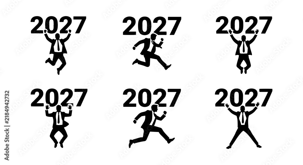 Fototapeta premium 2027 Year Icons, Business People Celebrating New Year, Dynamic Figures Jumping and Running