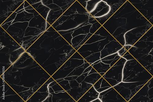 Fotografie Black marble texture with brass inlay lattice seamless luxury stone
