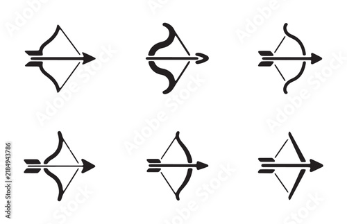 Foto Medieval bow and arrow black flat icon collection for archery sports and historical game interface
