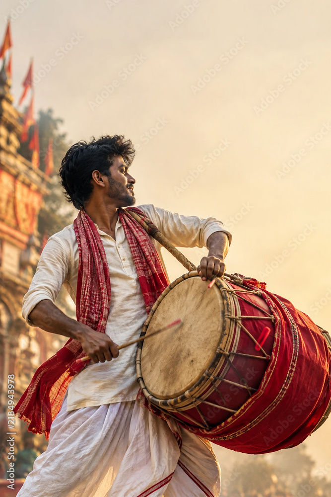 Fototapeta premium Bengali Dhak Player Performing During Durga Puja Celebration
