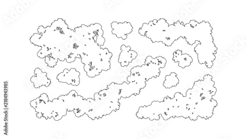 A collection of tree top view symbols for architectural and landscape design plans. Black and white line drawing illustrations for mapping and site plans