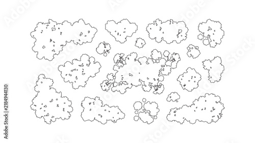 A collection of tree top view symbols for architectural and landscape design plans. Black and white line drawing illustrations for mapping and site plans