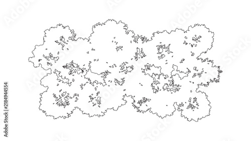 A collection of tree top view symbols for architectural and landscape design plans. Black and white line drawing illustrations for mapping and site plans