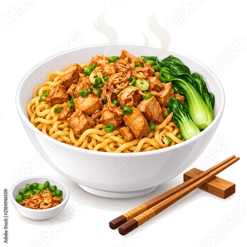 Delicious Indonesian Chicken Noodle (Mie Ayam) in White Bowl – Premium Flat Illustration