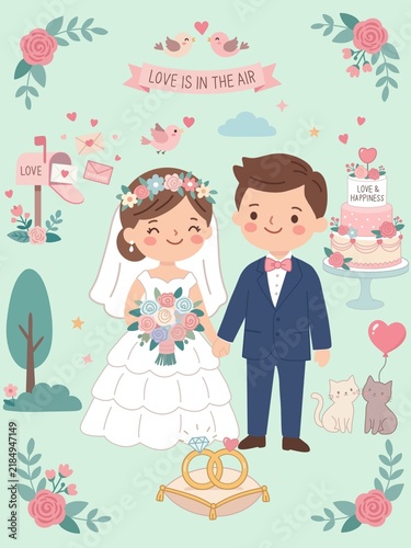 Cute wedding couple and romantic elements vector illustration on mint background