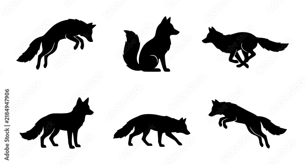 Obraz premium Black Fox Silhouettes Vector Set: Graceful Wildlife Poses for Nature Graphics, Animal Iconography, and Forest Themes
