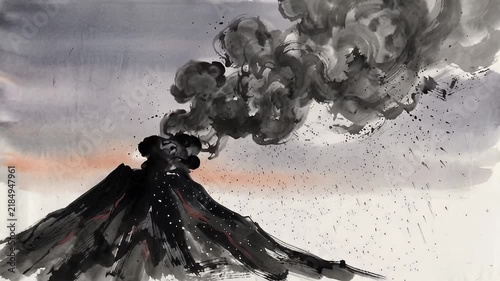Dark Volcano Erupting with Billowing Smoke in Dramatic Watercolor Painting