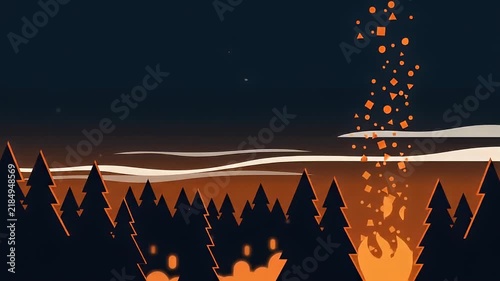 Stylized Forest Campfire Glowing with Rising Embers in Nighttime Animated Scene