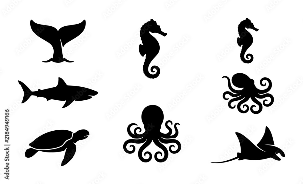 Fototapeta premium Oceanic Wildlife Silhouettes: Shark, Whale Tail, Octopus, Seahorse, Turtle, Manta Ray Vector Icons