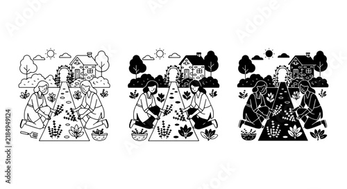 Gardening Community Vector Art: Diverse People Planting Together in Village Landscape