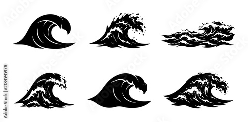 Photography Set of 6 Black Silhouette Ocean Waves, Surfing and Sea Icons, Dynamic Water Spla