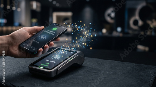 Contactless mobile payment with smartphone over POS terminal with glowing digital network waves