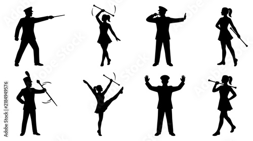 Set of silhouettes of marching band members and majorettes performing, musical performance, parade entertainment, baton twirling, rhythmic movement