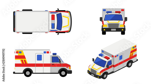 Isolated ambulance vehicle set in multiple perspectives including top, front, side, and isometric views for medical emergency and rescue service