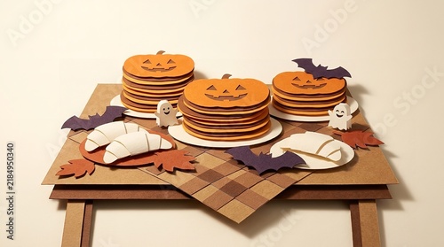Halloween pumpkin pancake stacks with ghost figures and bat cutouts on table