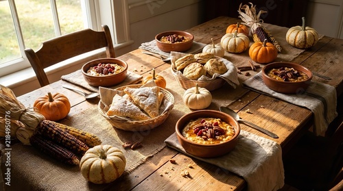 Thanksgiving feast table setting with pumpkin dishes and harvest decor