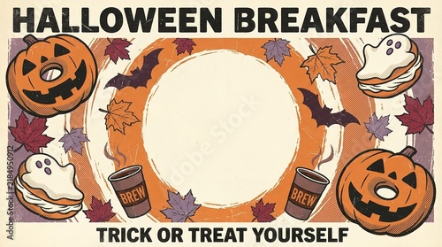 Vintage style halloween breakfast menu template with pumpkin donuts and ghosts