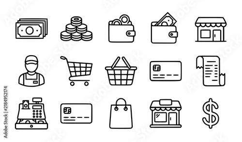 Store Shopping and Payment Black Linear Icons Set Editable Stroke Vector