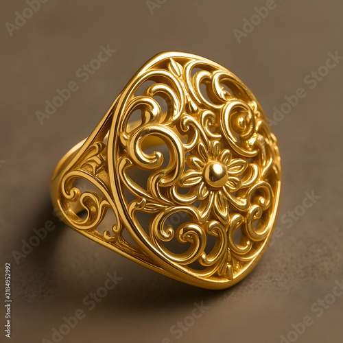 Ornate gold ring with floral design displayed on a neutral background  