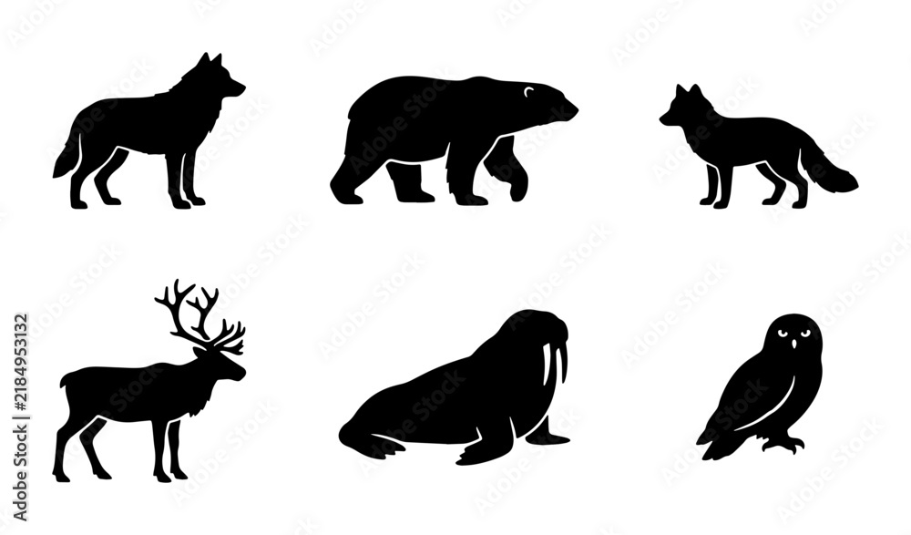 Obraz premium Arctic Wildlife Icons Set: Polar Bear, Wolf, Fox, Reindeer, Walrus, Owl Silhouettes for Nature Design
