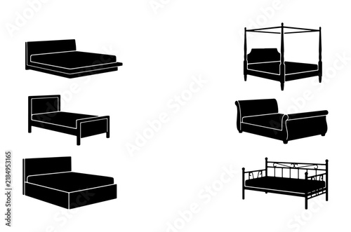 Bild auf Leinwand Six Bed Silhouettes, Furniture Icons, Bedroom Design Elements, Sleep and Comfort