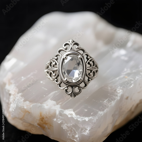 Silver ring with ornate design and clear gemstone on stone surface  