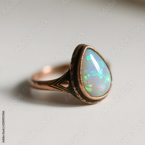 Opal gemstone ring with rose gold setting on a light surface  