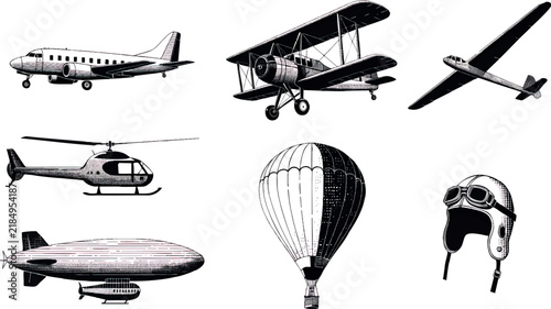 Vintage aviation vector set containing eight separate isolated objects: classic passenger airplane, propeller aircraft, vintage biplane, helicopter, hot air balloon, historic airship, glider aircraft