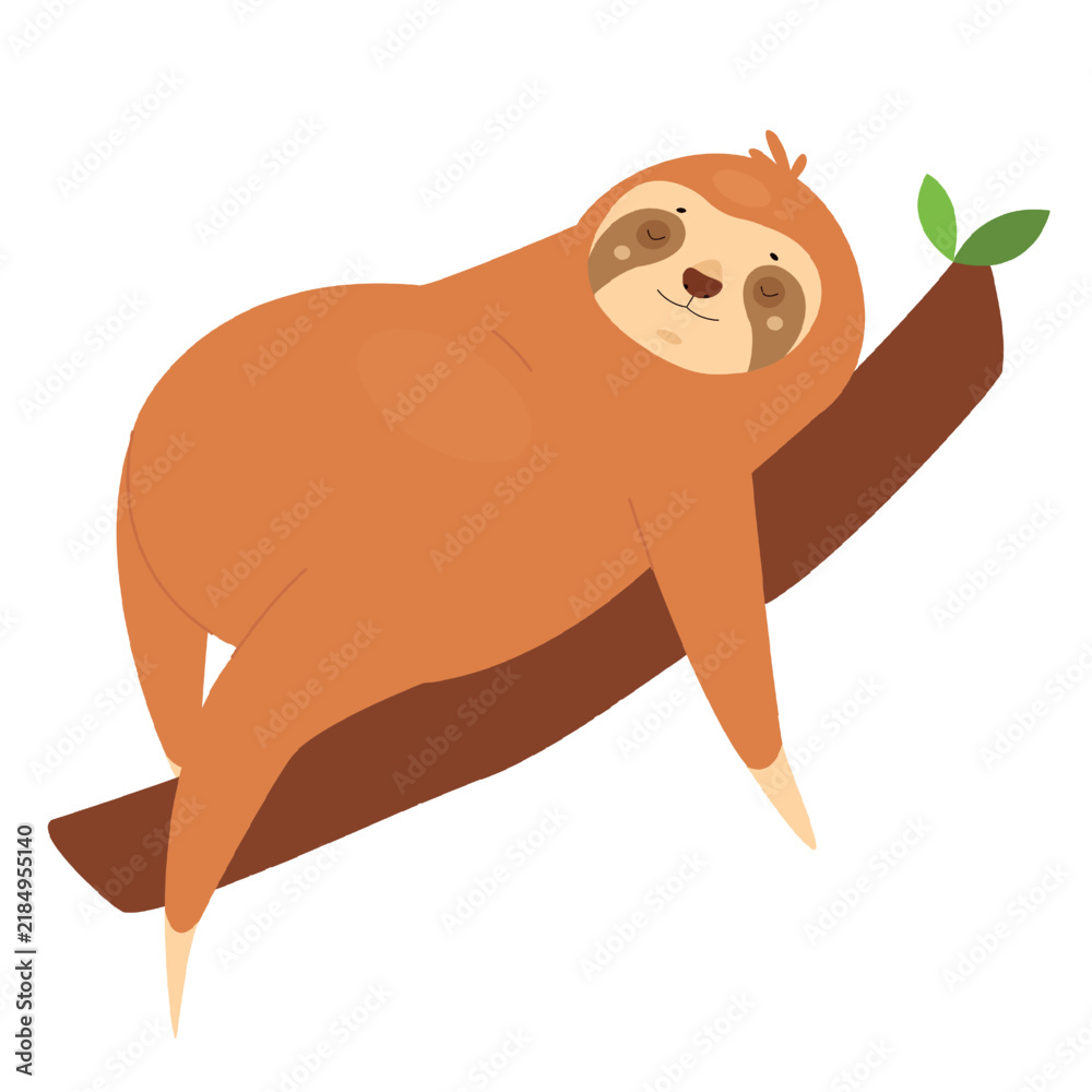 Obraz premium Relaxed sloth sleeping on tree. Lazy tropical bear on branch, laziness state vector illustration