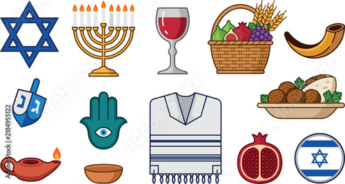 Fotografía Jewish holiday tradition symbols vector set featuring star of david menorah drei