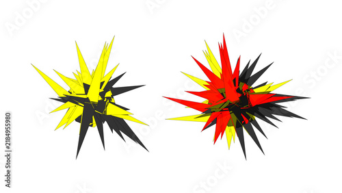 Принти на полотні Duo of abstract geometric starburst clusters in yellow black and red schemes featuring sharp overlapping spikes for comparative visual impact and modern design