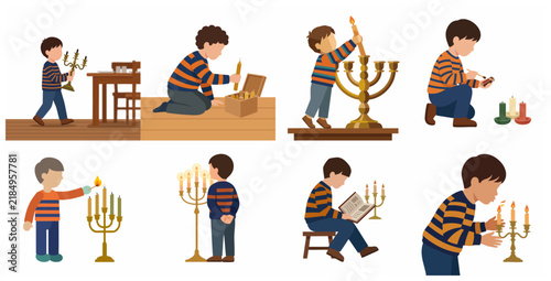 Foto Vector illustration set of a young boy performing Hanukkah rituals with candles