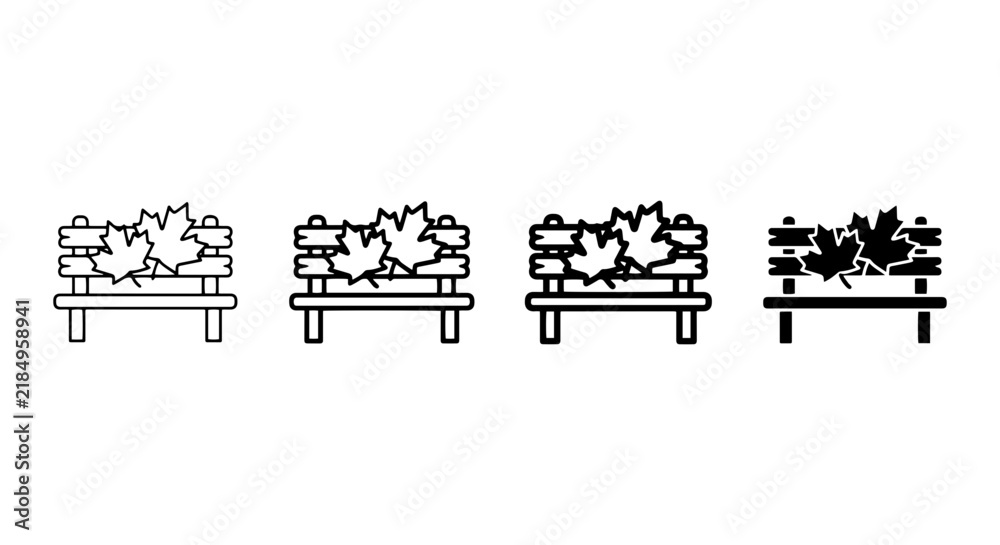 Obraz premium Autumn Park Bench Icon Set, Fall Leaf Silhouette, Outdoor Seating Vector Graphics