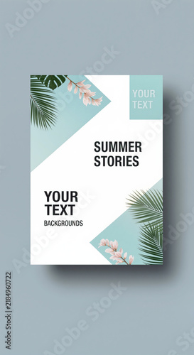 Tropical summer story template layout with botanical palm leaves and diagonal geometric copy space