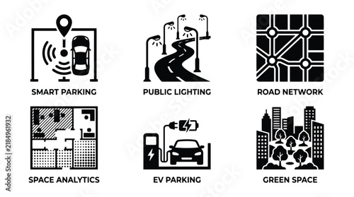 Smart city infrastructure icon set, urban planning and public lighting vector symbols, 6 sustainable technology icons for green space and EV parking