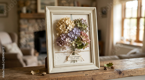 Vintage white picture frame with pressed dried hydrangea flowers for rustic home decor