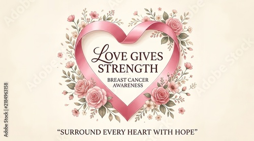 Breast cancer awareness heart ribbon graphic surrounded by floral elements with awareness